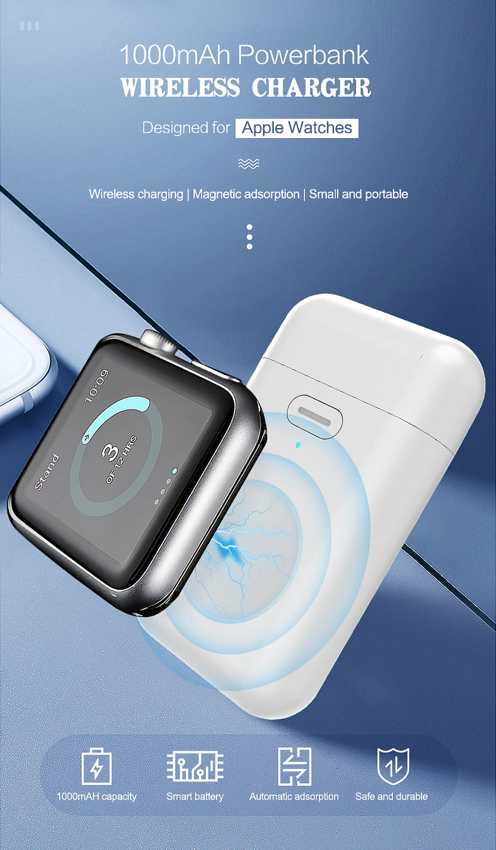 1000 мАч, беспроводное зарядное устройство, внешний аккумулятор для Apple Watch 1, 2, 3, 4, мини внешний аккумулятор для iWatch 1, 2, 3, 4, внешний аккумулятор, зарядный чехол USB