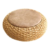 modern knitted round pouf ottoman stool wpu leather seat pad floor yoga meditation cushion straw rusitc tatami pouf furniture