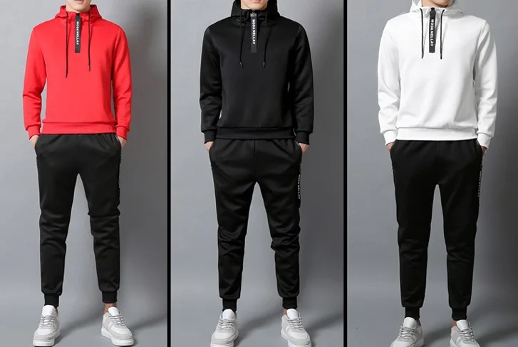 

2019 2PC Hoodies Men Spring Autumn Fleece Liner Hooded Sweatshirts + Sweatpants Male Brand Streetwear Solid Warm 2 Pieces Hoody