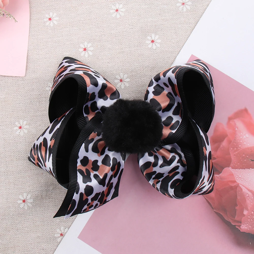 Банты для волос леопардовые девочек двухслойные заколки с помпоном и бантом