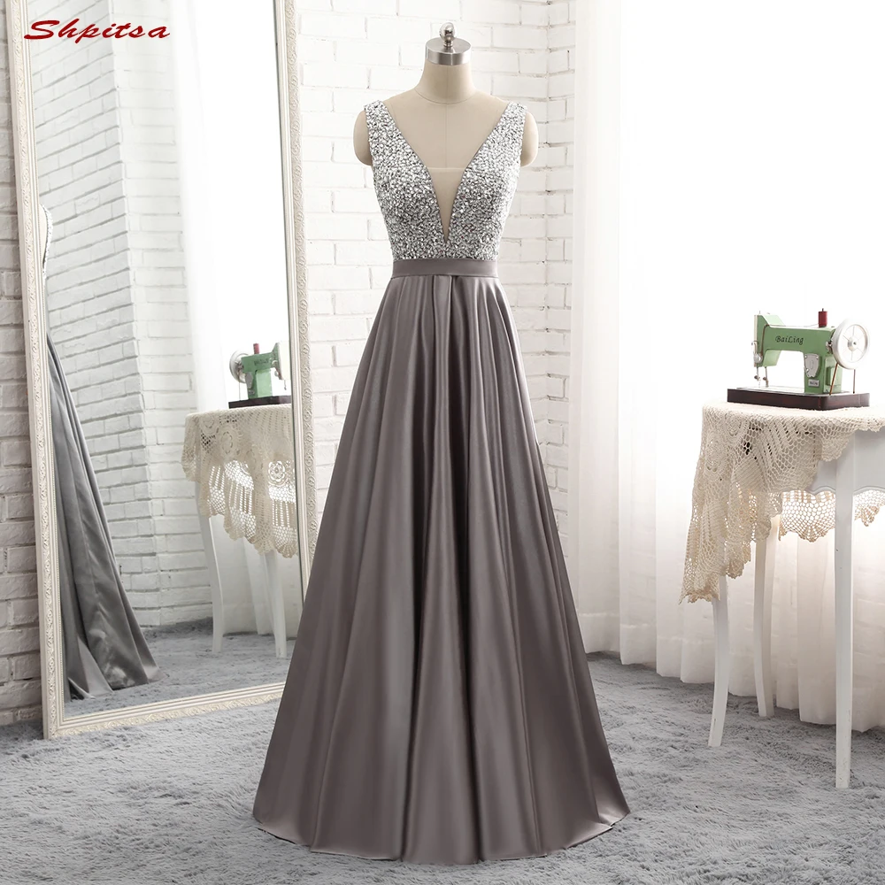 Женское атласное вечернее платье с бусинами длинное Длинные вечерние платья 2017