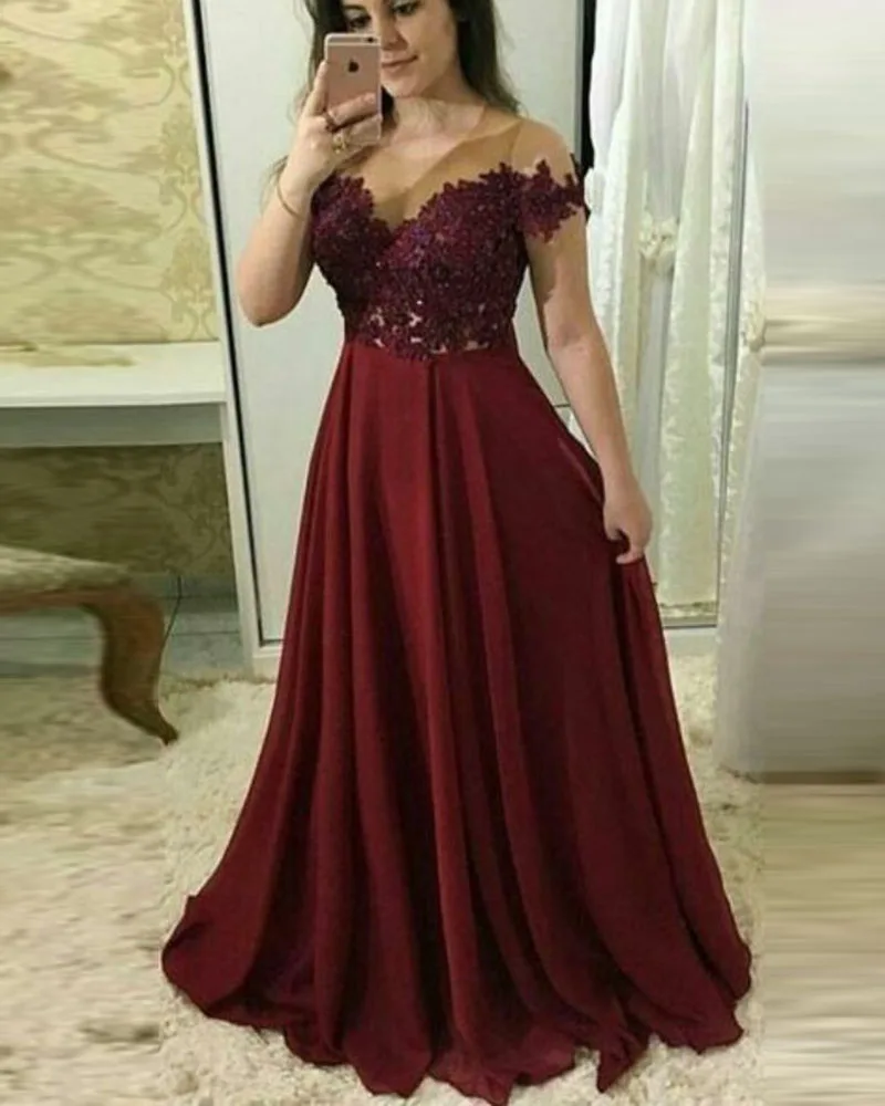 Рубиновые Свадебные Новые Vestido вечернее Длинные А-силуэта бордовые шифоновые вечерние платья с аппликацией с ремешками пикантное вечернее платье PW955