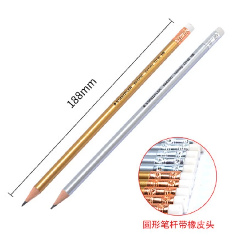 Staedtler золотой и серебряный стержень с резиновой головкой HB студенческий карандаш офисный карандаш с ластиком 12 шт./лот