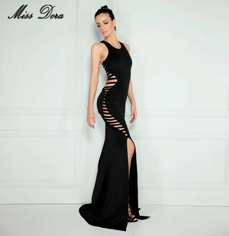 2016 зимнее Новое черно-белое платье без рукавов с вырезами длиной до пола