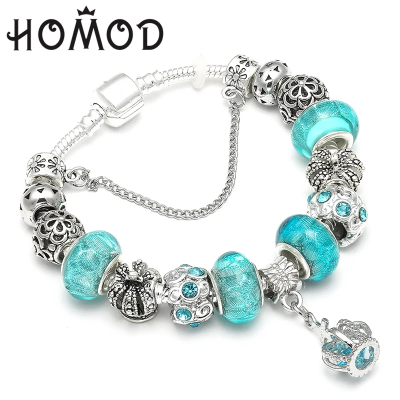 HOMOD 2019 New European Fashion Jewelry Crown Charm Bracelets &amp Bangles Blue Beads fits Brand for Woman | Украшения и