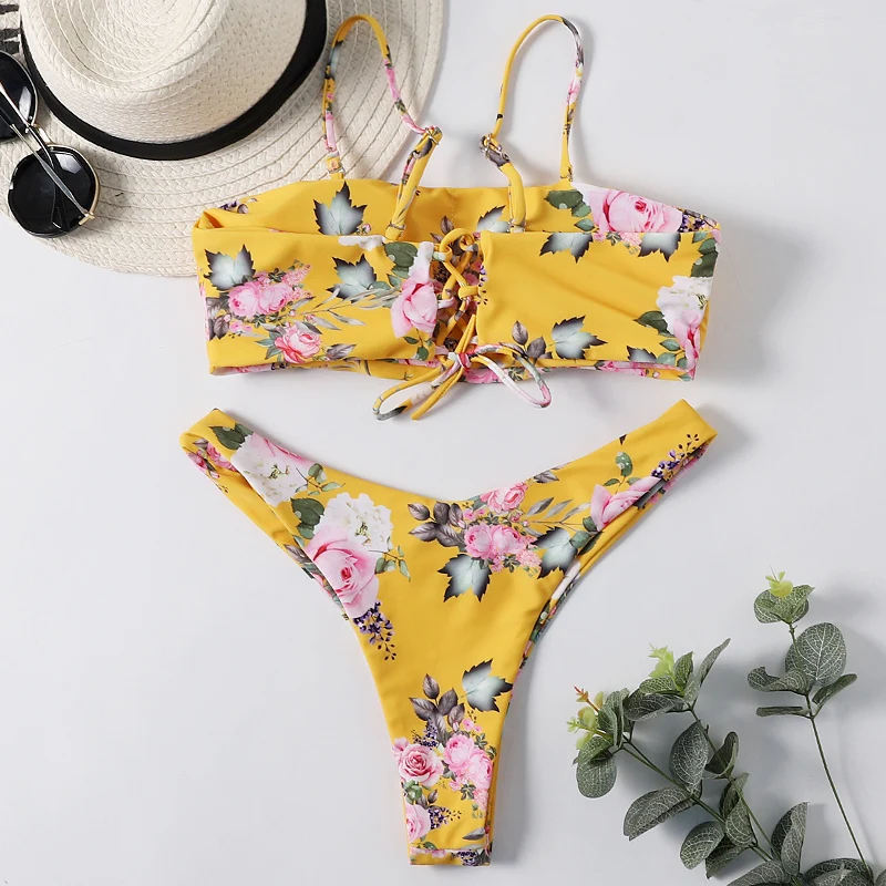 Hot Women Brazilian Bikini Print Low Waist Swimsuit Sexy Micro Bikinis Set Lace Up Top + Thong Swimwear Summer Female Beach Wear |