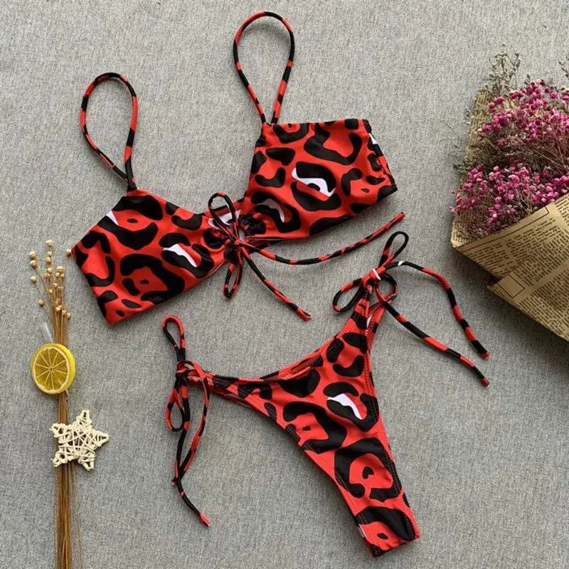

Glamorous Bikini Set Thong Leopard Swimsuit Swimwear Strap Print Female Sexy Bikini Set 2019