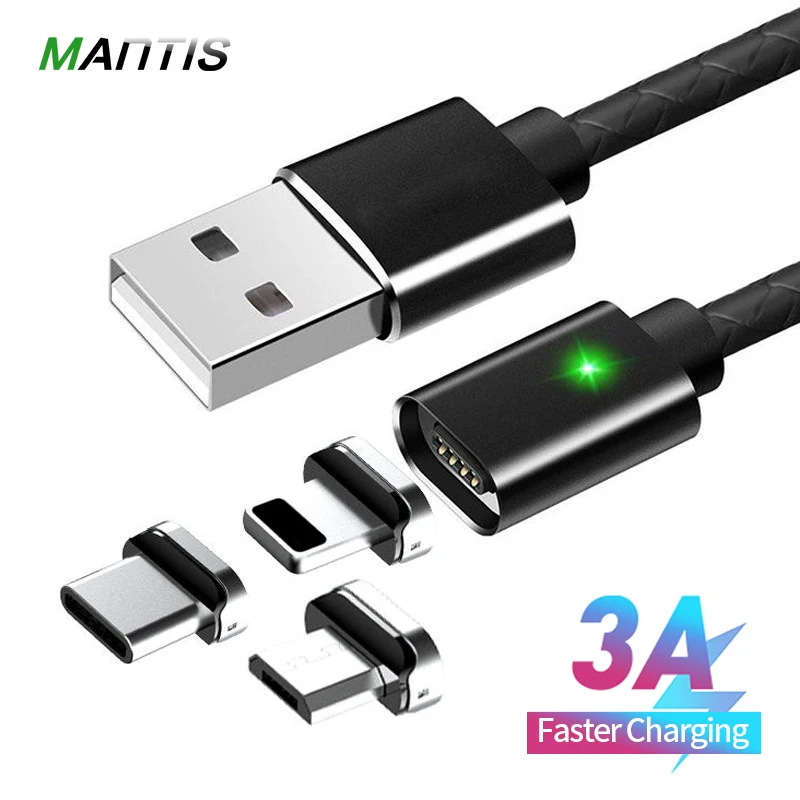 Магнитный usb-кабель MANTIS 3A Type-C, 1 м, быстрая зарядка для iPhone XR XS Max, Micro USB, магнитное зарядное устройство для телефона, кабели для передачи данных для Xiaomi