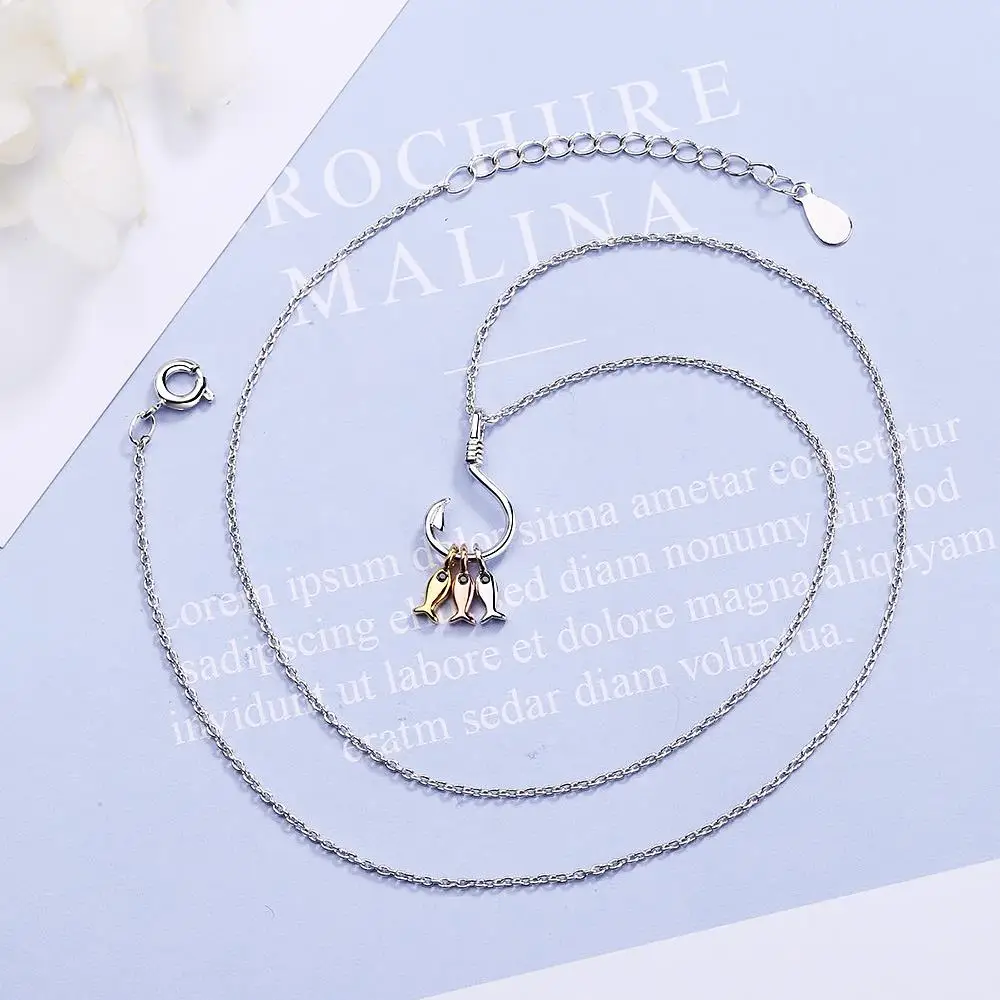 ANENJERY 925 Sterling Silver Necklace For Women Cute Fish and Fish Hook Necklace Chain Jewelry S-N376
