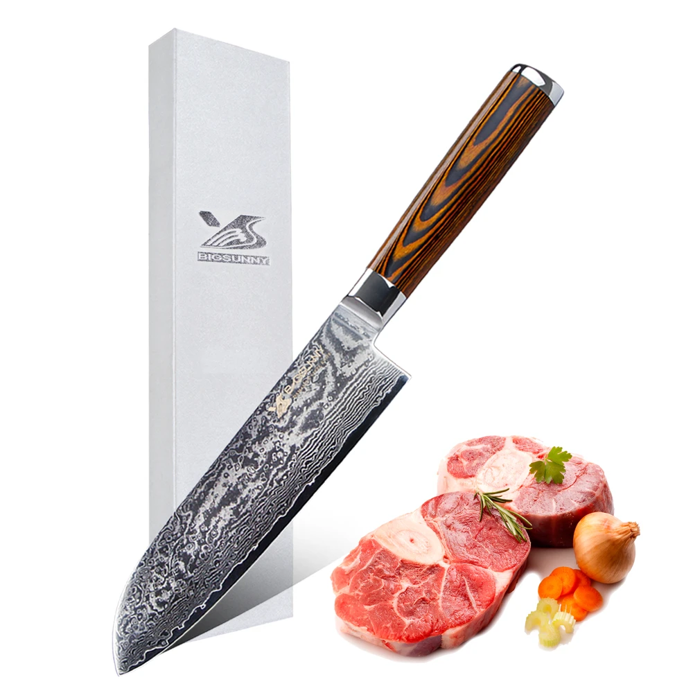 BIGSUNNY 7 дюймов Santoku нож для тонкой нарезки с деревянной ручкой Pakka 67 слоев дамасской