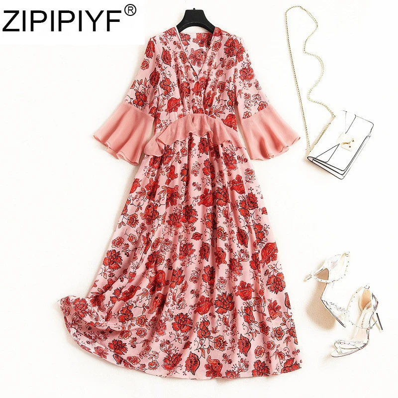 2019 Новое весеннее платье с расклешенными рукавами в американском стиле 3/4