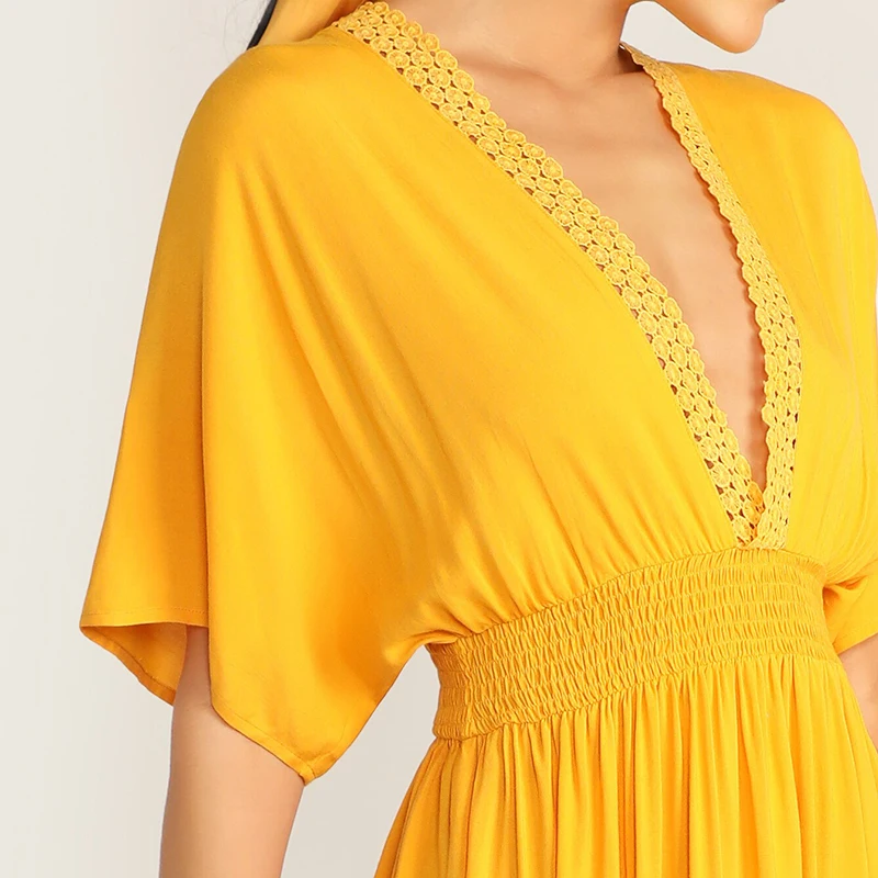 SHEIN Женские Летние Платья С Кружевами И V-Образным Вырезом И отделкой Яркое Летнее Макси Платье