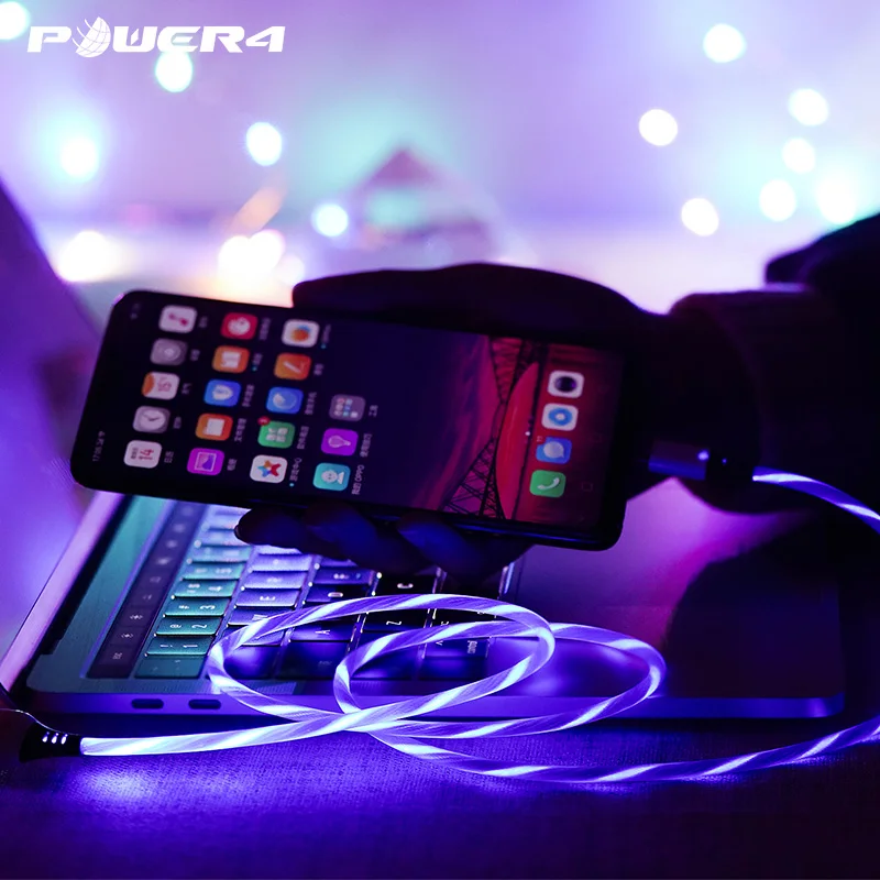 Power4 USB кабель для iPhone со светящимся светодиодный шнур для зарядки USB-C для Lightning Apple светодиодный Micro USB кабель для Android