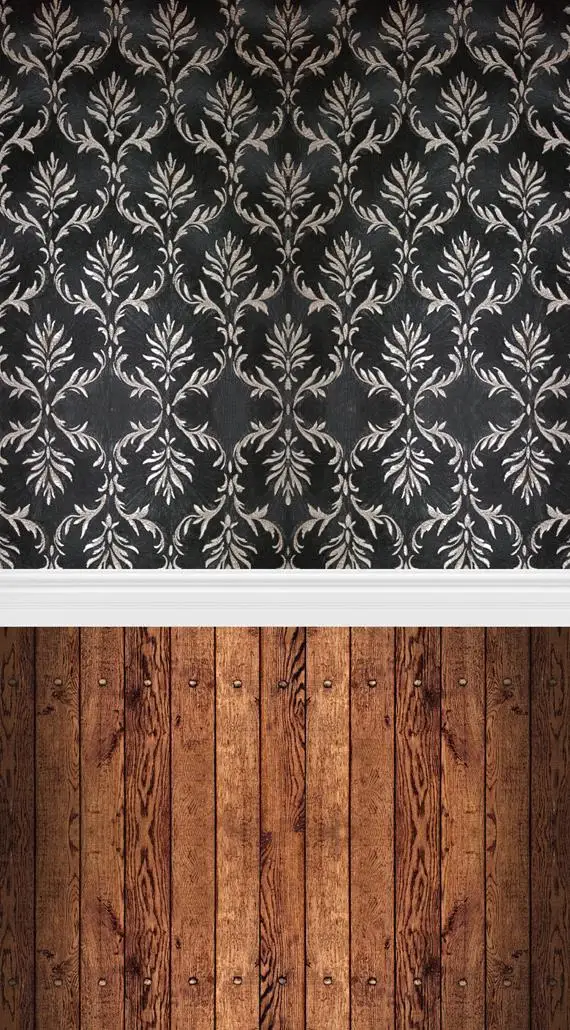 5x7ft черно белые Дамасские обои фон коричневый деревянный пол D 117|Фон для