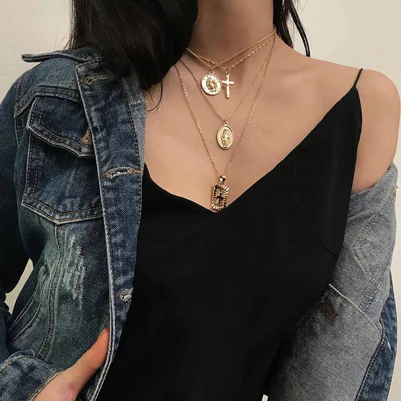 Vintage Women Personality Coin Choker Necklace Multi layer Jesus Cross Pendant Chain Long Femme Collier Chocker NL244 | Украшения и