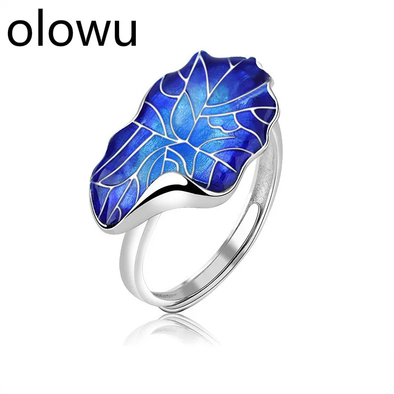 Женское кольцо с эмалью olowu серебряное голубым листом этническое регулируемое