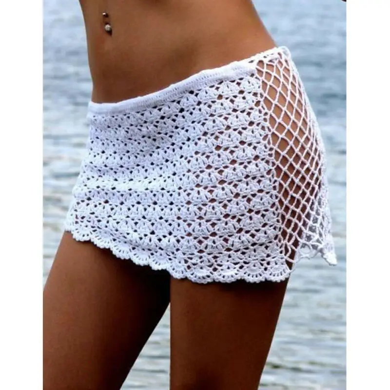 

UK Women Crochet High Waist Skirt Flared Bikini Cover up School Girl Dress