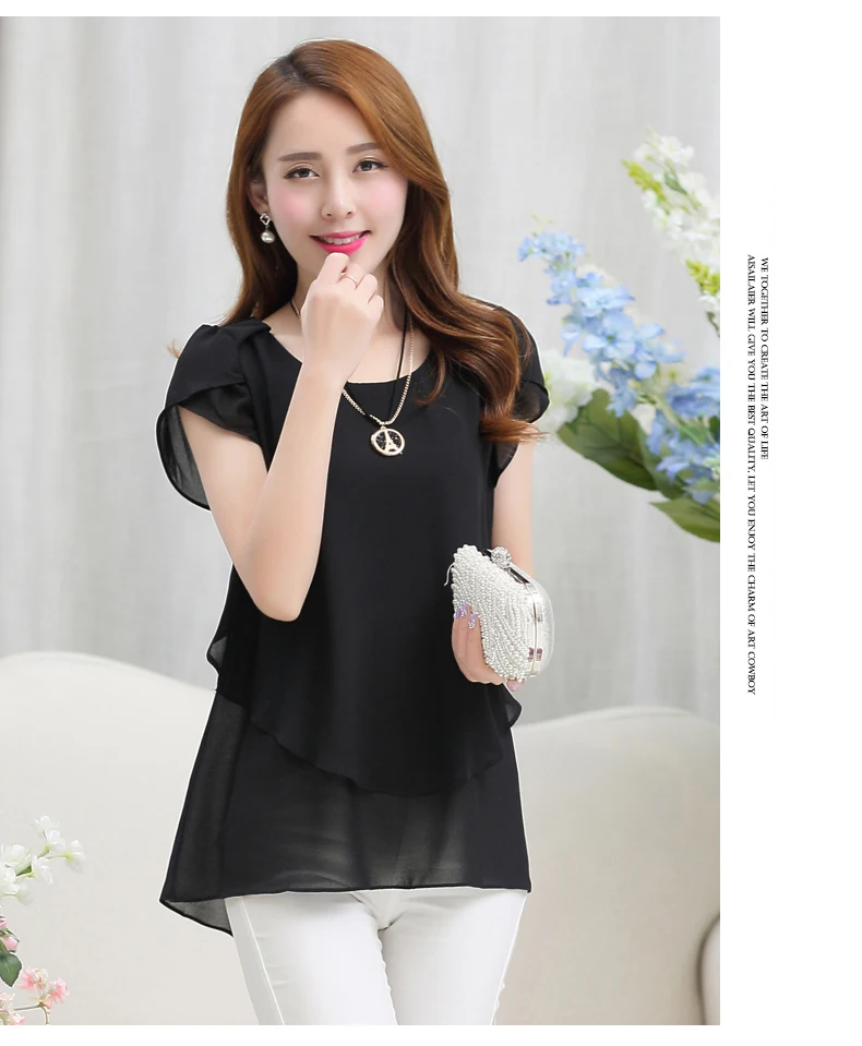 Модные повседневные женские топы 2017 Летние шифоновые блузки рубашка с круглым