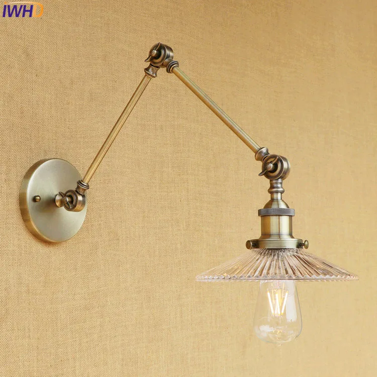 IWHD Glass Brass Antique Wall Lamp Lights Bedroom Stair Vintage Loft Industrial Adjustable Swing Long Arm Wall Light Fixtures