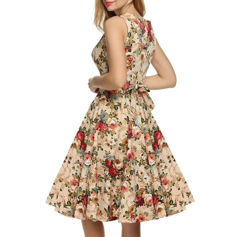 Женское винтажное платье миди без рукавов с цветочным принтом лето 2019|Женские