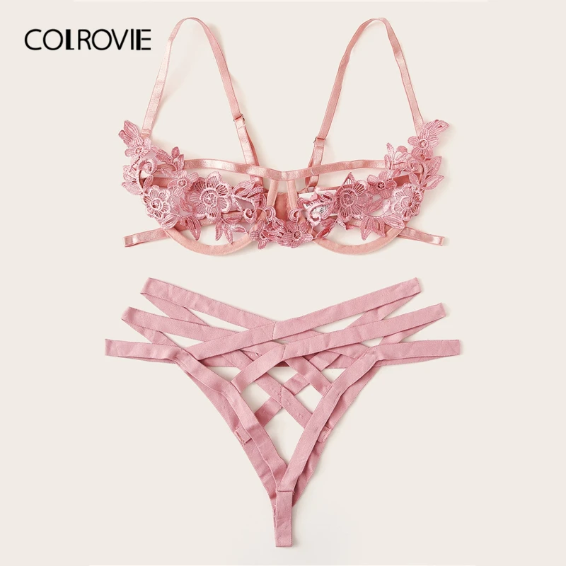 COLROVIE, розовый, прозрачный, с аппликацией, сексуальный бюстгальтер и v-стринги, комплект нижнего белья, женское нижнее белье,, прозрачный комплект нижнего белья