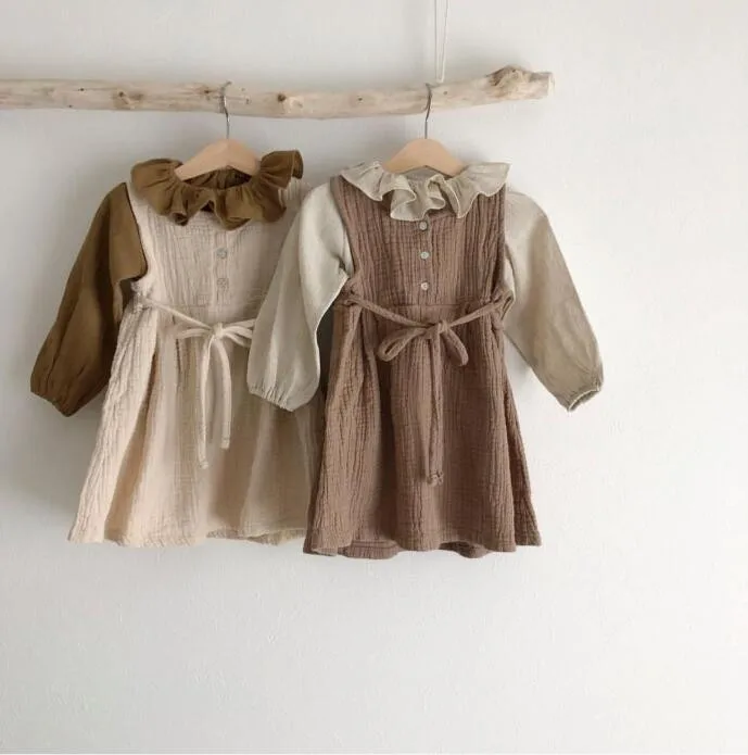 

Spring New Trendy Cotton Linen Girls Dress Solid Simple Sleeveless Tie Kids Girl Princess Dress Bebes Comfortable Soft Fabric