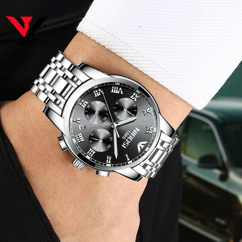 Часы NIBOSI Мужские кварцевые роскошные Брендовые мужские спортивные модные