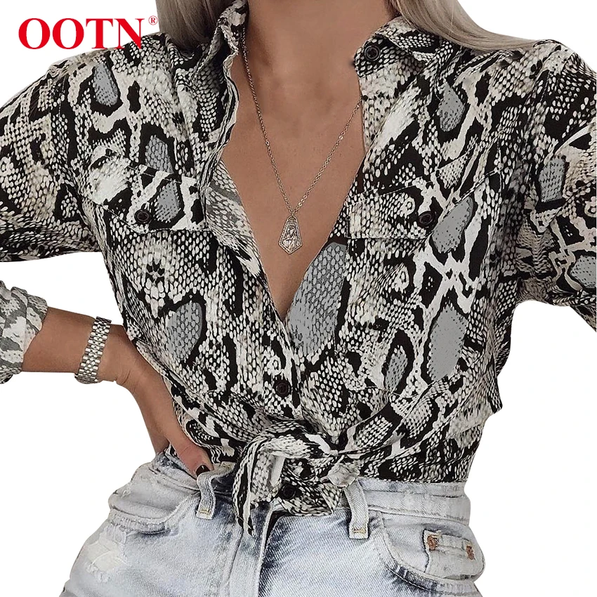 OOTN женские офисные Топы с длинным рукавом змеиная кожа Туника блузка женская на пуговицах с животным принтом рубашки винтажные повседневные уличные
