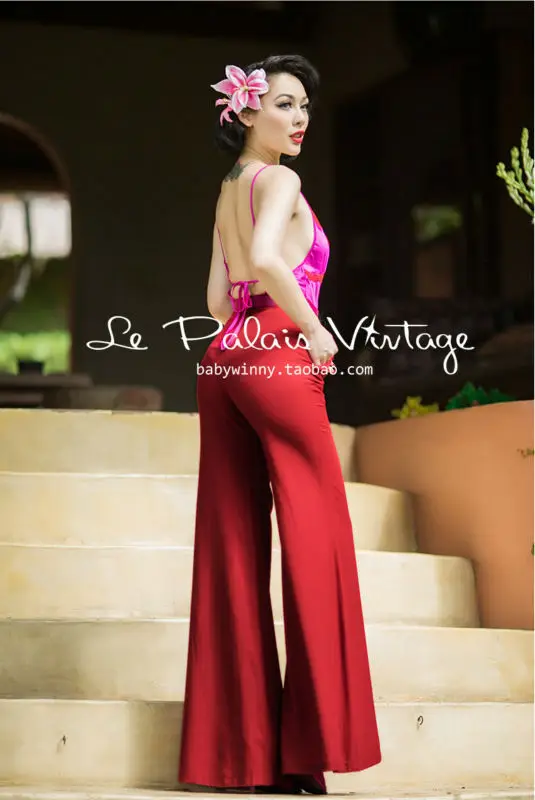 FREE SHIPPING Le Palais Vintage elegant retro classic dark red waisted skinny all-match wide leg pants