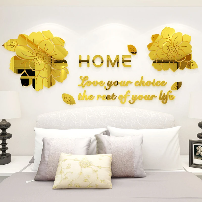 Зеркало пиона золотого и серебряного цвета акриловая 3d самоклеящаяся Настенная