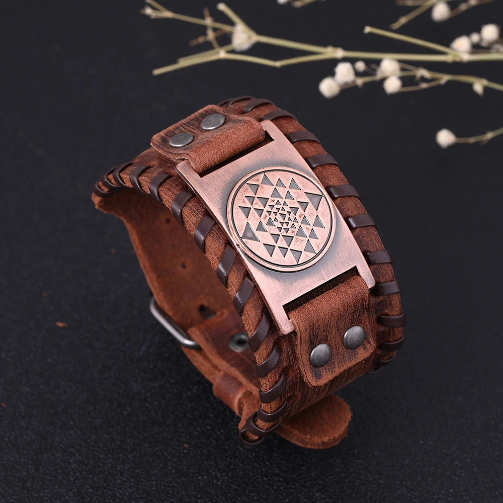Teamer Antique Silver Copper Bronze Metal Bracelets Black Brown Wide Leather Bracelet Vintage Triangle In Round Charm | Украшения и