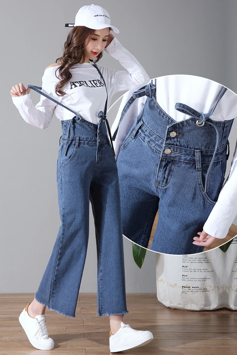 

Summer Women Casual Tassel Wide Leg Jumpsuit Fashion Boyfriends style Suspender Jeans High Waist Denim Overalls A72801