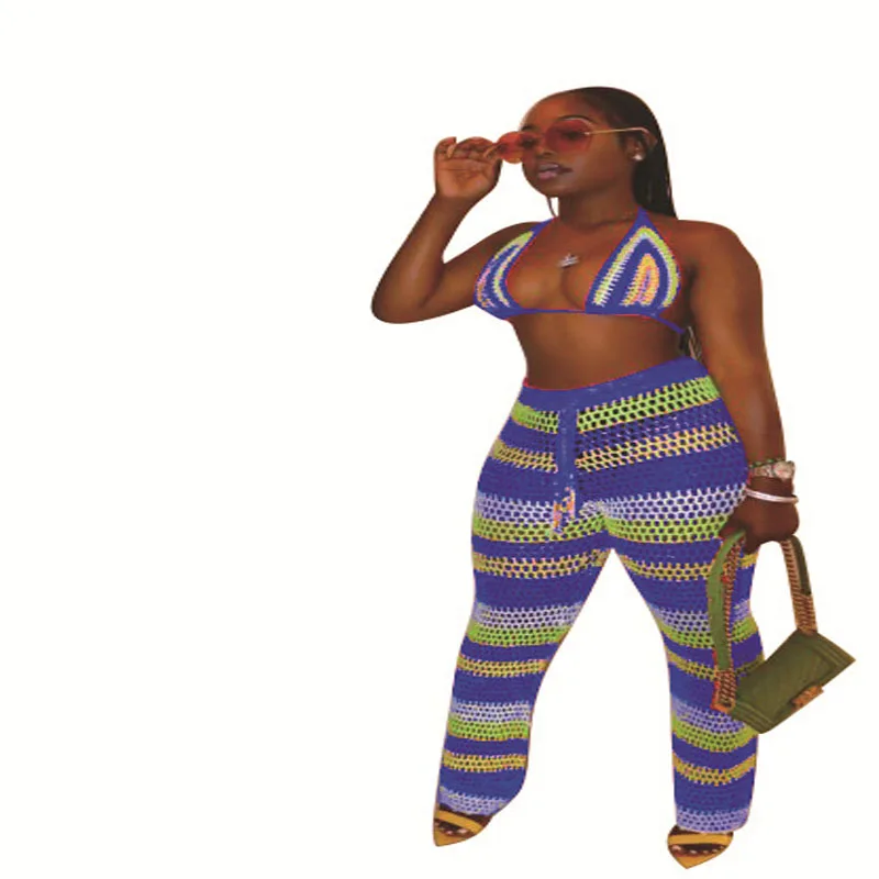 2019 women's fashion sexy personality mesh print stripe halter strap sleeveless hollow two-piece loose casual holiday party dres | Женская