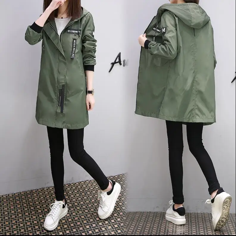 Army green Новинка, весенне-осенний Тренч, женское повседневное пальто с длинным рукавом и капюшоном, средней длины, армейское зеленое Женское пальто, Casaco LM028 - Цвет: Army green