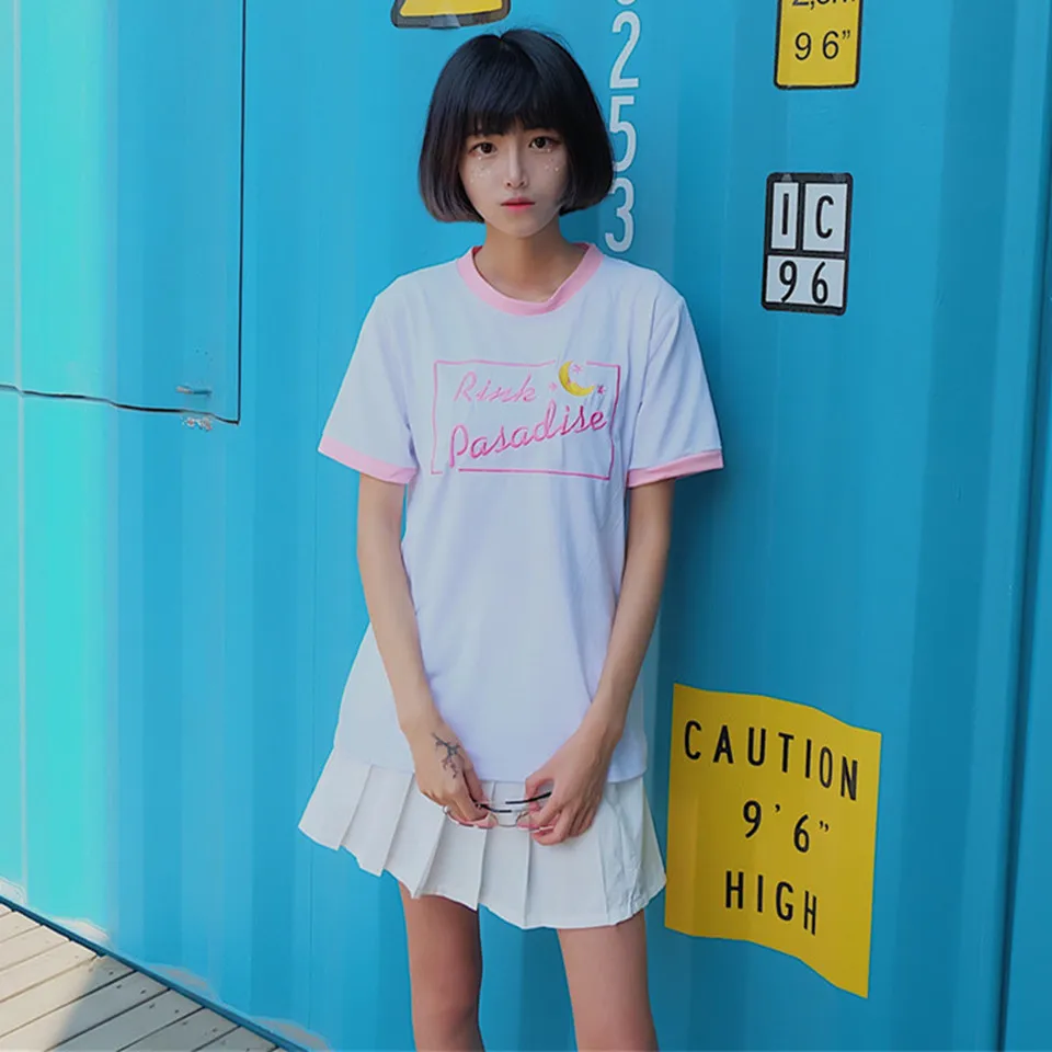 Корейские женские фиолетовые футболки Ulzzang Harajuku, японские мягкие топы с вышивкой Sister Moon, цветные футболки с коротким рукавом для девочек