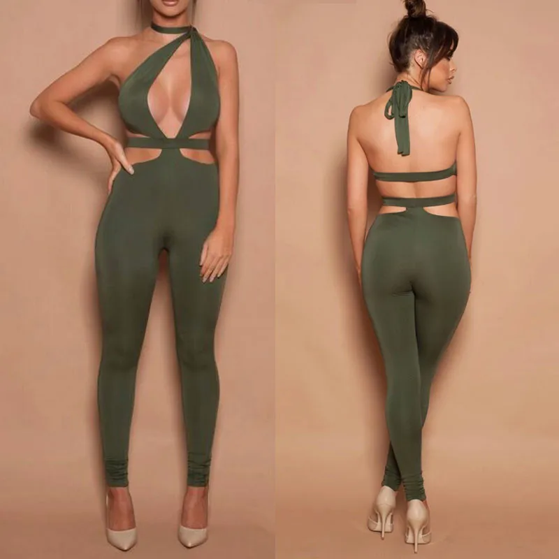 DRESSMECB Глубокий V шеи повязки Холтер Стиль Тощий боди эластичный выдалбливают обтягивающий комбинезон без рукавов Спецодежда Клубная одежда
