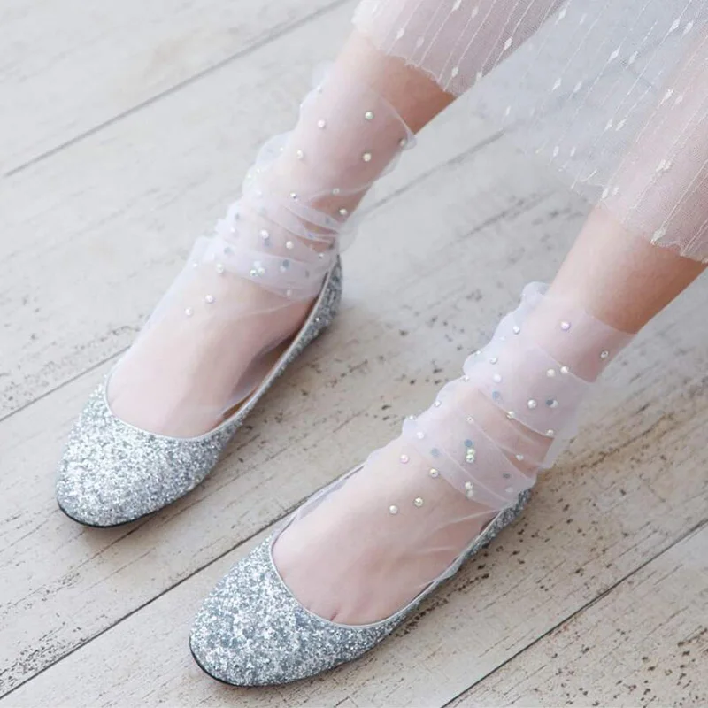 ZZIYEETTM 1 Pair Summer Trendy Romantic Shiny Socks Breathable Chic Glitter Crystal Ultra-thin Lace for Girls | Женская одежда