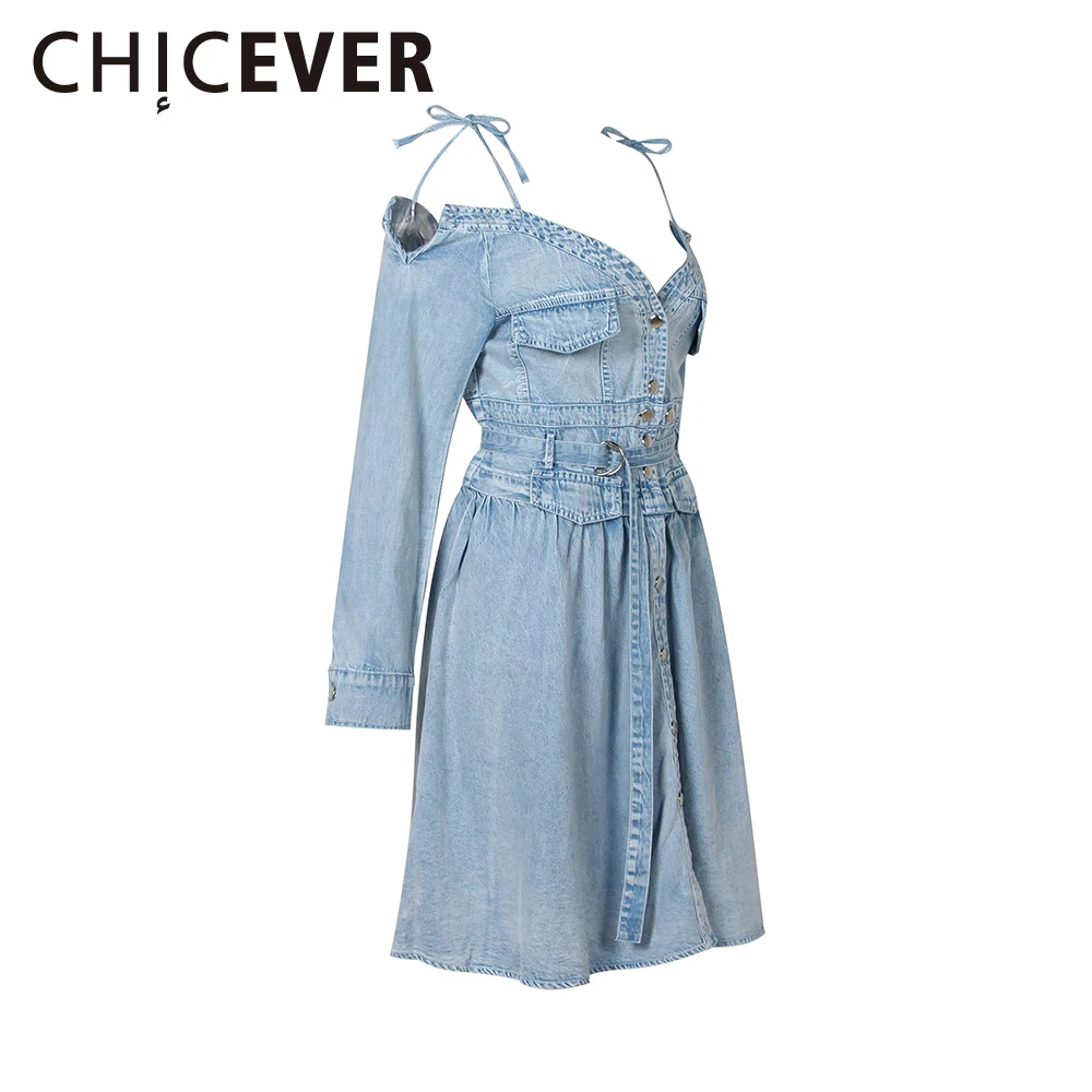 CHICEVER Сексуальная джинсовая с открытыми плечами платье женское длинным рукавом V