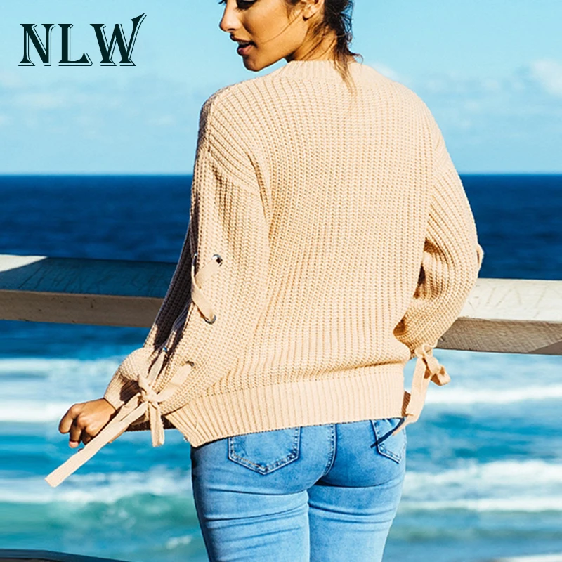 NLW Lace Up Long Sleeve Grey Women Sweaters O Neck Knitted Pullovers Casual Black Jumpers 2017 Autumn Winter Warm Sweater Jumper | Женская