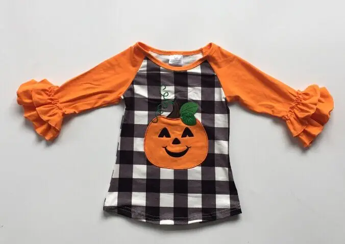 orange plaid Осенний топ на День Благодарения, резинки для девочек, Изысканная футболка, детская одежда, хлопковый реглан с рюшами и изображением тыквы, подсолнуха, леопарда - Цвет: orange plaid