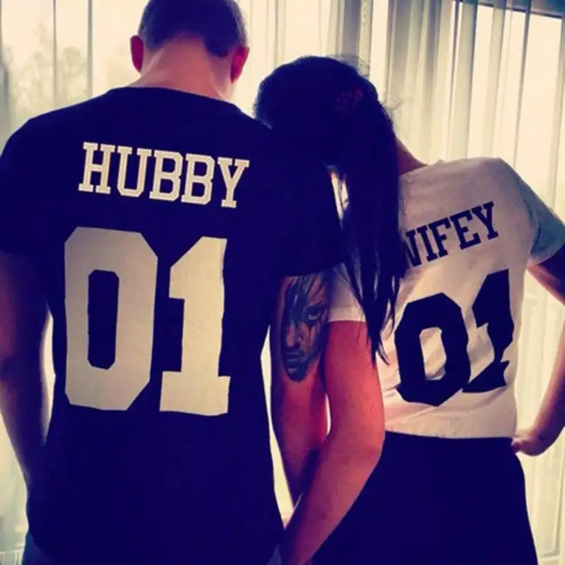Футболка для влюбленных пар Hubby Wifey 01 размера плюс 2017 летняя футболка женщин и