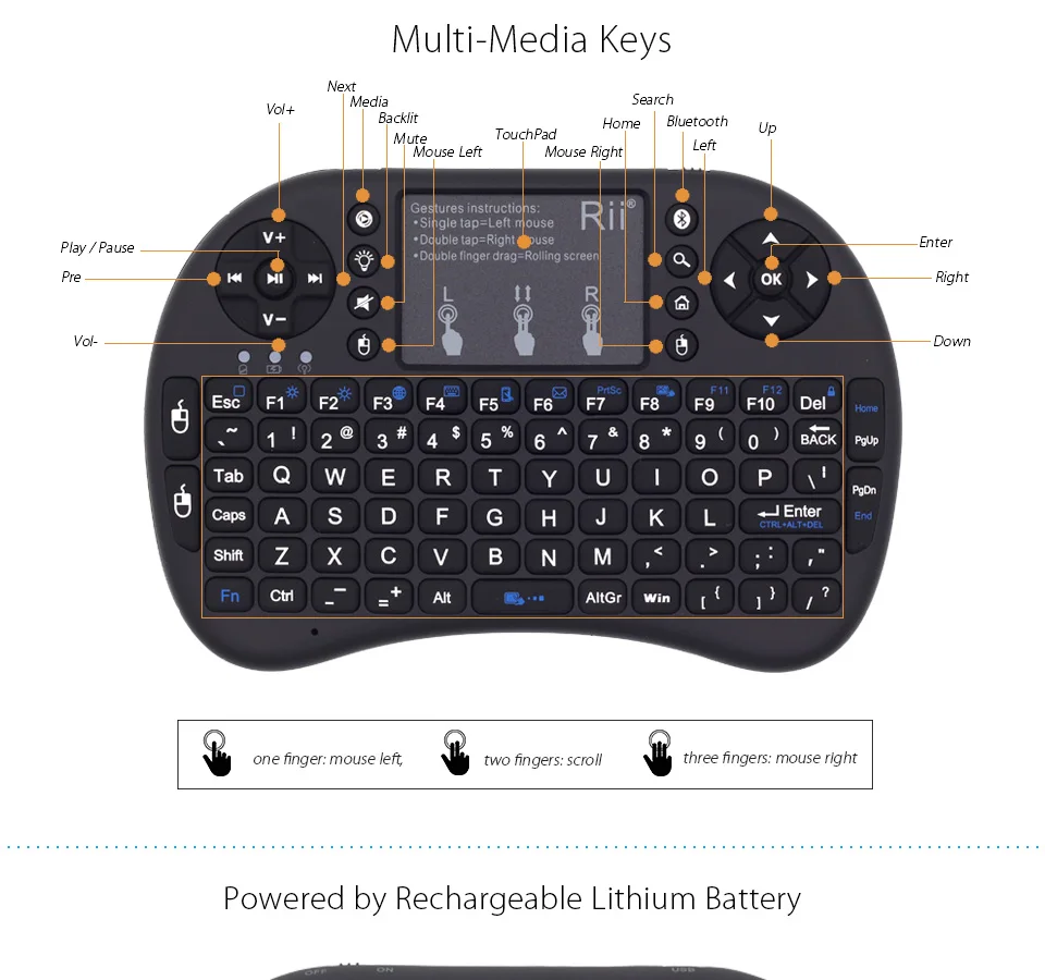 Rii i8+ мини беспроводная bluetooth-клавиатура с подсветкой, Воздушная мышь с тачпадом для Android tv Box, мини-ПК, проекторов, ноутбуков