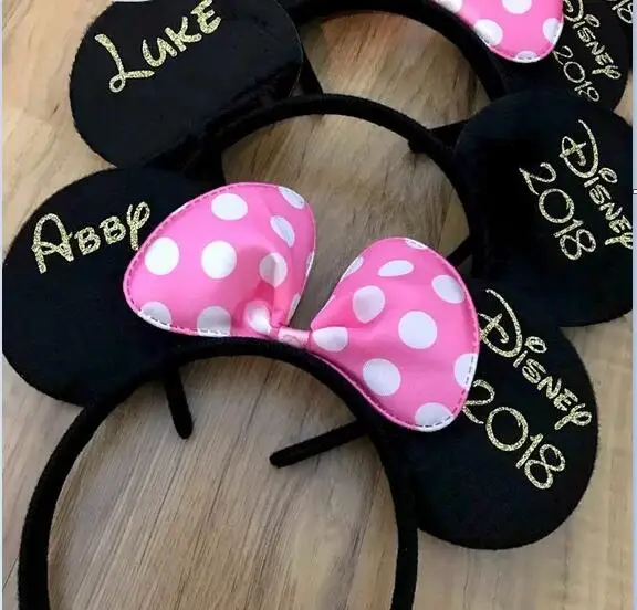 Персонализировать названия текст мышь Семья Отдых уши Минни-Маус повязки на голову, день рождения Детская мышь шапки с ушками heaband