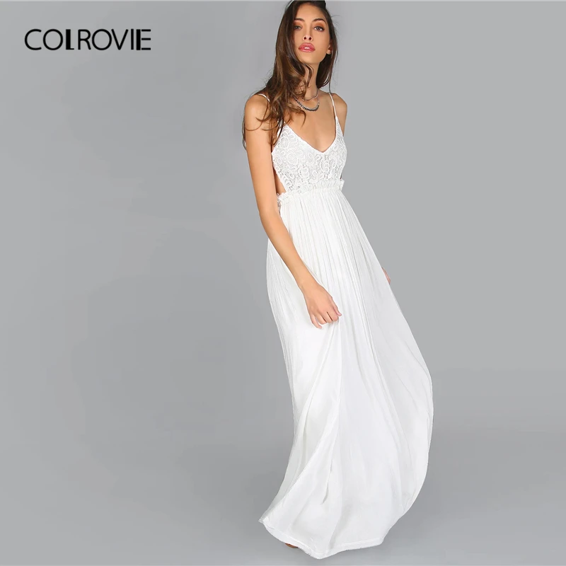 COLROVIE, белое кружевное платье с v-образным вырезом, с открытой спиной, плиссированные вечерние платья макси для женщин,, без рукавов, сексуальные платья, женские платья-комбинация
