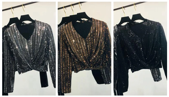 Блестящие кроссовер куртка Модные blingbling2019 ночной клуб v-образным вырезом короткая заметка пупка блестки футболка прилив