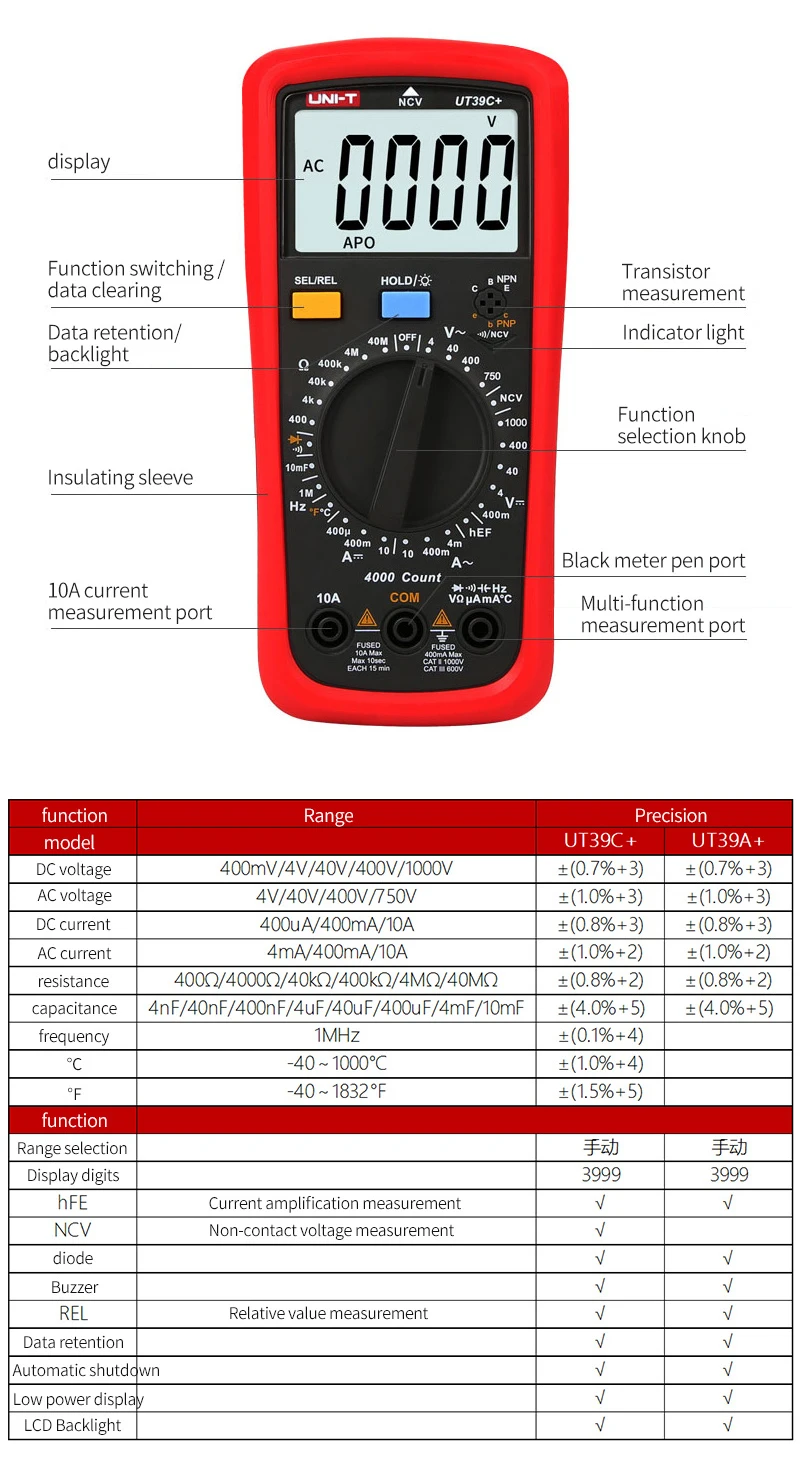 UNI-T UT39C+ цифровой мультиметр Авто Диапазон тест er обновлен от UT39A/UT39C AC DC V/A Ом/температура/частота/HFE/NCV тест