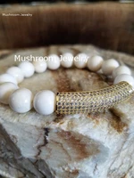 pave cz bar white beads stretch bracelet