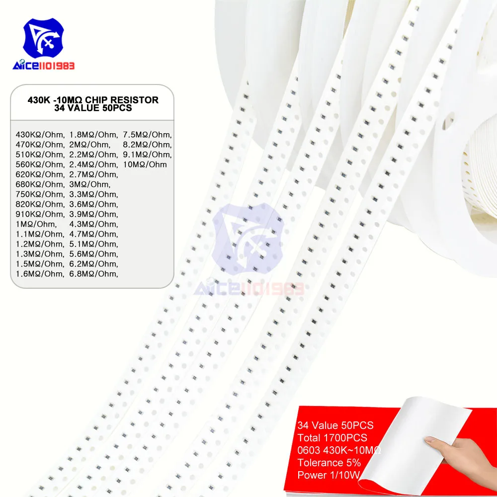1700 шт./лот 34 значения 50 шт. 0603 чип SMD резистор 0R -10 МОм/Ом 5% 1/10 Вт 0 5 Сопротивление