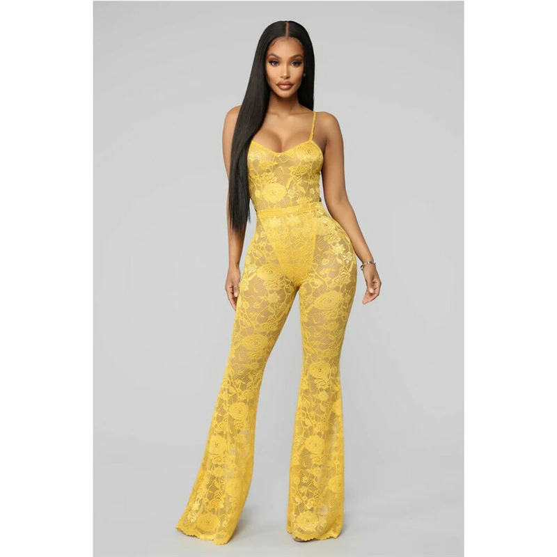 

New Women Sexy Floral Lace Sheer Sets 2Pcs Summer Strappy Slim Bodysuits Bodycon Flare Pants Lady Fashion Club Party Wear Suits