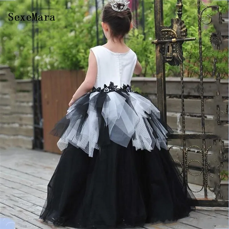 Новинка Белый Топ черные пышные платья из тюля для девочек на свадьбу с круглым